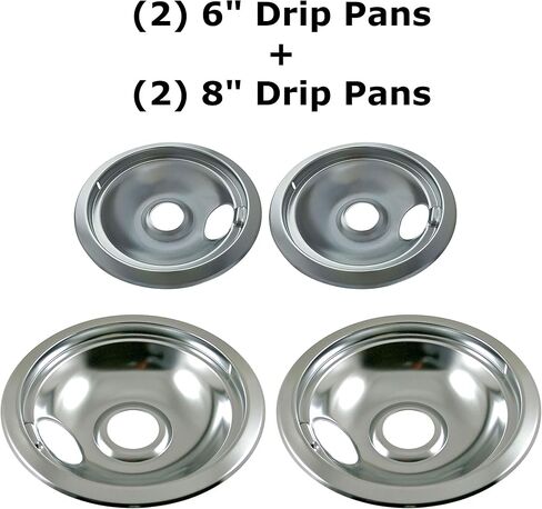 KITCHEN BASICS 101 316048413 and 316048414 Replacement Chrome Drip Pans for Frigidaire Kenmore - Includes 2 6-Inch and 2 8-Inch Pans, 4 Pack in Saudi Arabia