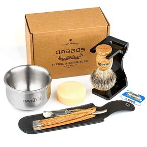 7in1 Anbbas Badger Shaving Brush,Stand,Lathering Bowl,3.5oz Soap,Straight Razor with Bag and Razor Strop Shaving Set for Men