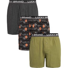 Lucky Brand Mens Boxer Shorts - 3 Pack Super Soft Knit Relaxed Fit Cotton Underwear Boxers for Men with Button Fly, 4" Inseam in Kuwait