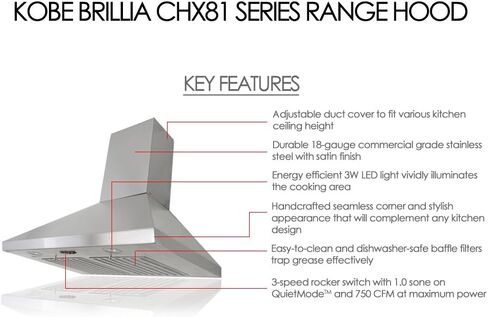 KOBE Range Hoods CHX8130SQB-1 Wall Mount Range Hood, 30-Inch, Stainless Steel in Kuwait