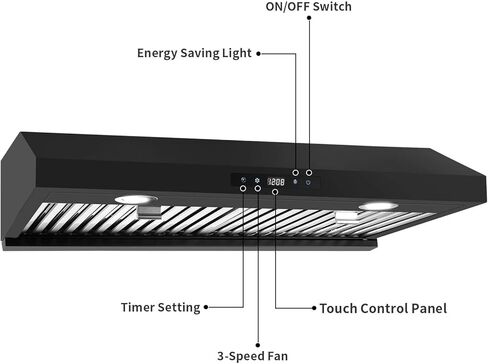 SNDOAS Range Hood 30 بوصة تحت الخزانة، غطاء المطبخ الأسود مع 600 CFM، الفولاذ المقاوم للصدأ فوق أغطية تنفيس الموقد، غطاء مطبخ مجاري مع لوحة تحكم تعمل باللمس، 3 مروحة عادم تنفيس السرعة، محركات مزدوجة in Kuwait