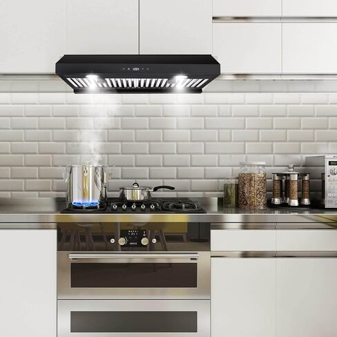 SNDOAS Range Hood 30 بوصة تحت الخزانة، غطاء المطبخ الأسود مع 600 CFM، الفولاذ المقاوم للصدأ فوق أغطية تنفيس الموقد، غطاء مطبخ مجاري مع لوحة تحكم تعمل باللمس، 3 مروحة عادم تنفيس السرعة، محركات مزدوجة in Kuwait