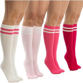 Sirici Knee Socks | 4 Pairs Striped Cotton Knee High Socks For Women | Tube Socks for girls (White w in Kuwait