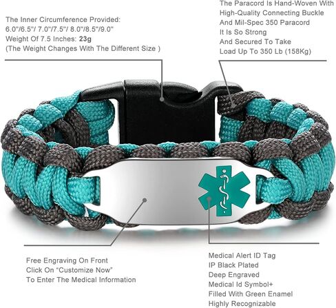 Paracord Medical Alert Bracelet for Men Women | Medical ID Bracelet for Women | Stainless Steel Medical Bracelet with Black Side Release Buckles | 7 Size Type - 6.0/6.5/7.0/7.5/8.0/8.5/9.0 Inches in Saudi Arabia