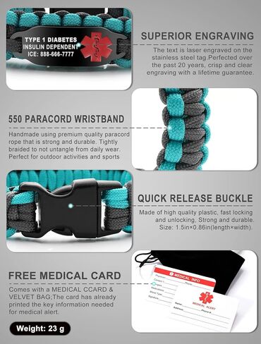 Paracord Medical Alert Bracelet for Men Women | Medical ID Bracelet for Women | Stainless Steel Medical Bracelet with Black Side Release Buckles | 7 Size Type - 6.0/6.5/7.0/7.5/8.0/8.5/9.0 Inches in Saudi Arabia