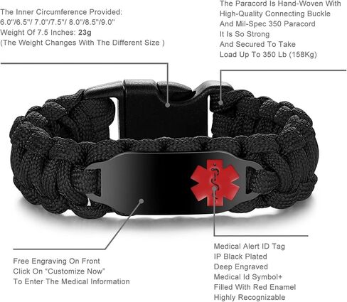 Paracord Medical Alert Bracelet for Men Women | Medical ID Bracelet for Women | Stainless Steel Medical Bracelet with Black Side Release Buckles | 7 Size Type - 6.0/6.5/7.0/7.5/8.0/8.5/9.0 Inches in Saudi Arabia