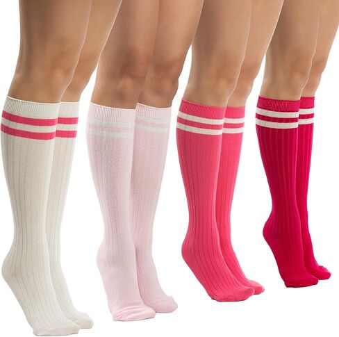 Sirici Knee Socks | 4 Pairs Striped Cotton Knee High Socks For Women | Tube Socks for girls (White w in Kuwait