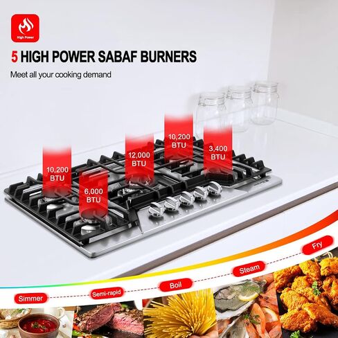 Gas Cooktop 30 Inch, GASLAND Chef PRO GH2305SF 5 Burner Gas Stove, Built-in NG/LPG Convertible Gas Cooktops, Gas Countertop Plug-in with Thermocouple Protection, Stainless Steel in Saudi Arabia