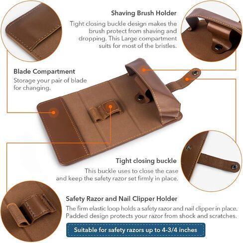 QSHAVE Razor Travel Case, Leather Shaving Protective Case with Compartment for Double Edge Safety Razor, Shaving Brush, blades and Nail Clipper Brown (Case Only) in Saudi Arabia