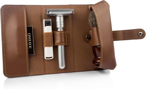 QSHAVE Razor Travel Case, Leather Shaving Protective Case with Compartment for Double Edge Safety Razor, Shaving Brush, blades and Nail Clipper Brown (Case Only) in Saudi Arabia