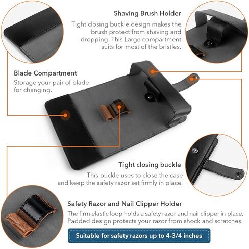 حقيبة سفر QSHAVE لشفرات الحلاقة، حقيبة جلدية واقية للحلاقة مع حجرة لشفرات الحلاقة الآمنة ذات الحافة المزدوجة وفرشاة الحلاقة والشفرات ومقص الأظافر باللون البني (الجراب فقط) in Kuwait