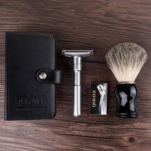 حقيبة سفر QSHAVE لشفرات الحلاقة، حقيبة جلدية واقية للحلاقة مع حجرة لشفرات الحلاقة الآمنة ذات الحافة المزدوجة وفرشاة الحلاقة والشفرات ومقص الأظافر باللون البني (الجراب فقط) in Kuwait
