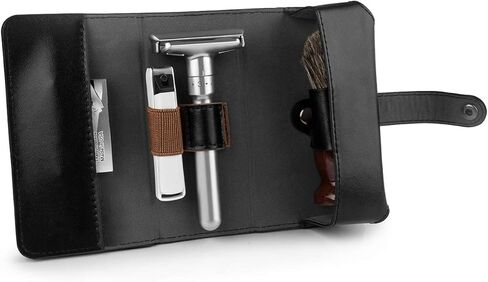 حقيبة سفر QSHAVE لشفرات الحلاقة، حقيبة جلدية واقية للحلاقة مع حجرة لشفرات الحلاقة الآمنة ذات الحافة المزدوجة وفرشاة الحلاقة والشفرات ومقص الأظافر باللون البني (الجراب فقط) in Kuwait