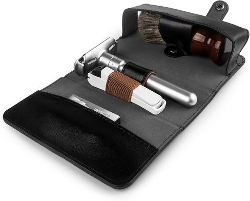 حقيبة سفر QSHAVE لشفرات الحلاقة، حقيبة جلدية واقية للحلاقة مع حجرة لشفرات الحلاقة الآمنة ذات الحافة المزدوجة وفرشاة الحلاقة والشفرات ومقص الأظافر باللون البني (الجراب فقط) in Kuwait