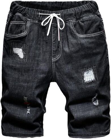Men's Loose Ripped Denim Shorts Summer Black Blue Drawstring Short Jeans Plus Size in Saudi Arabia