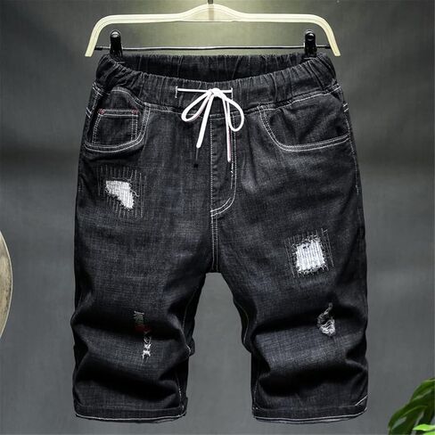 Men's Loose Ripped Denim Shorts Summer Black Blue Drawstring Short Jeans Plus Size in Saudi Arabia