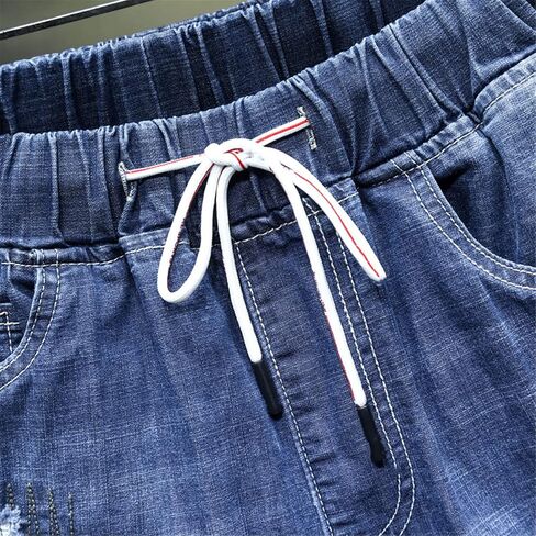 Men's Loose Ripped Denim Shorts Summer Black Blue Drawstring Short Jeans Plus Size in Saudi Arabia