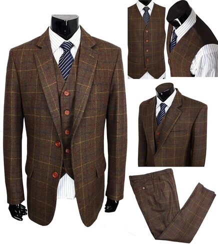 Mens Wool Blend Tweed Slim Fit Check Plaid Casual Dress Suit Separate Pant in Saudi Arabia