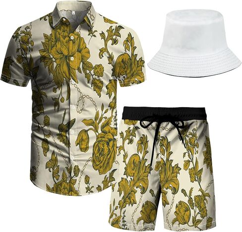 RPOVIG Beach Outfit Matching Shirts Shorts Men's Hawaiian Festival Floral Clothes 2 piece Sets with Bucket Hat in Saudi Arabia