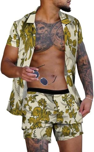 RPOVIG Beach Outfit Matching Shirts Shorts Men's Hawaiian Festival Floral Clothes 2 piece Sets with Bucket Hat in Saudi Arabia