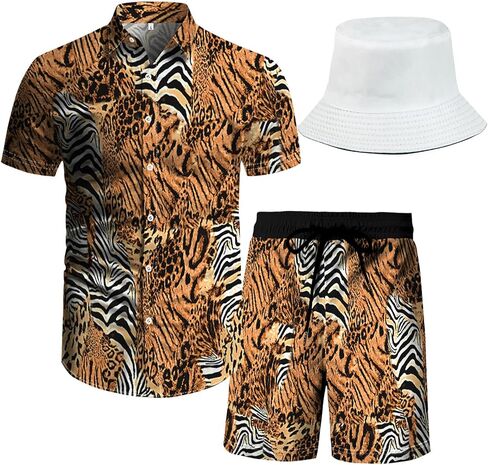 RPOVIG Beach Outfit Matching Shirts Shorts Men's Hawaiian Festival Floral Clothes 2 piece Sets with Bucket Hat in Saudi Arabia
