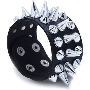 Caiyao Punk Gothic Tine Spike Rivet Bracelets Adjustable Studded Buckle Cuff Biker Leather Bangle Snap Button Wristband for Men Cool Personality Jewelry