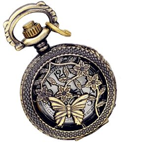 Lancardo Antique Brass Tone Butterfly Hollow Skeleton Case Military Time Fob Pocket Watch with Chain for Women in Kuwait