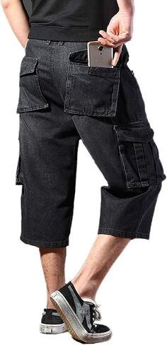 DSDZ Mens Casual Cargo Patchwork Blue Denim Jeans Shorts with Zippers in Kuwait