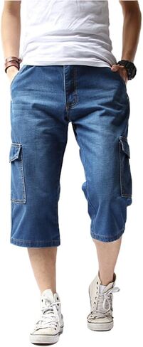 DSDZ Mens Casual Cargo Patchwork Blue Denim Jeans Shorts with Zippers in Kuwait