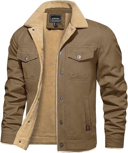 BIYLACLESEN Men's Sherpa Lined Trucker Jacket Lapel Cotton Cargo Jacket Casual Button Military Jacket Warm Winter Parka in Kuwait