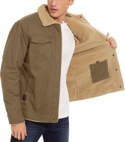 BIYLACLESEN Men's Sherpa Lined Trucker Jacket Lapel Cotton Cargo Jacket Casual Button Military Jacket Warm Winter Parka in Kuwait