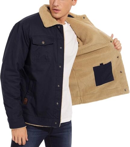 BIYLACLESEN Men's Sherpa Lined Trucker Jacket Lapel Cotton Cargo Jacket Casual Button Military Jacket Warm Winter Parka in Kuwait