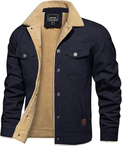 BIYLACLESEN Men's Sherpa Lined Trucker Jacket Lapel Cotton Cargo Jacket Casual Button Military Jacket Warm Winter Parka in Kuwait