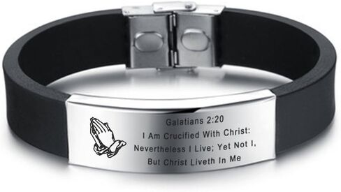 Personalized Mens Stainless Steel Silicone Praying Hands Serenity Prayer Bible Verse Bracelet Customized Scripture Quote Christian Jewelry for Husband Son Dad for Baptism Gift,Free Engraving in Kuwait