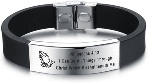 Personalized Mens Stainless Steel Silicone Praying Hands Serenity Prayer Bible Verse Bracelet Customized Scripture Quote Christian Jewelry for Husband Son Dad for Baptism Gift,Free Engraving in Kuwait