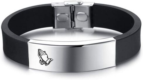 Personalized Mens Stainless Steel Silicone Praying Hands Serenity Prayer Bible Verse Bracelet Customized Scripture Quote Christian Jewelry for Husband Son Dad for Baptism Gift,Free Engraving in Kuwait