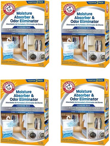Arm & Hammer Moisture Absorber & Odor Eliminator 16oz Hanging Bag, 4 Pack (8 Bags Total) Eliminates Musty Odors & Freshens Air for Closets, Laundry Rooms, Mud Rooms in Kuwait