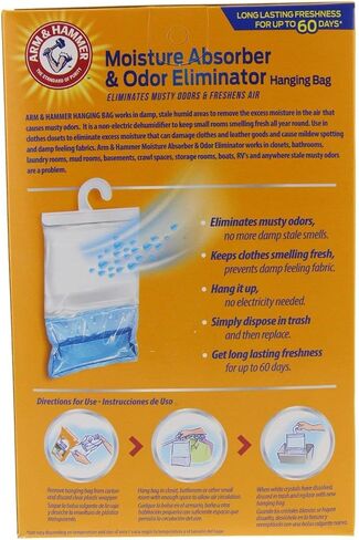 Arm & Hammer Moisture Absorber & Odor Eliminator 16oz Hanging Bag, 4 Pack (8 Bags Total) Eliminates Musty Odors & Freshens Air for Closets, Laundry Rooms, Mud Rooms in Kuwait