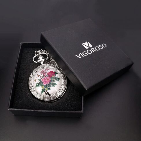 VIGOROSO Quartz Beautiful Peony Bird Enamel Painting Steampunk Silver Pocket Watches in Box in Saudi Arabia