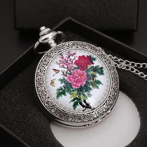 VIGOROSO Quartz Beautiful Peony Bird Enamel Painting Steampunk Silver Pocket Watches in Box in Saudi Arabia