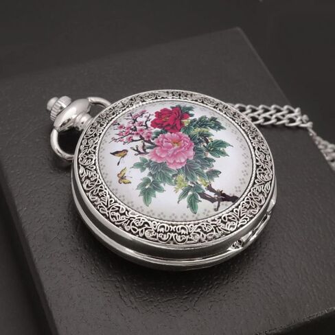 VIGOROSO Quartz Beautiful Peony Bird Enamel Painting Steampunk Silver Pocket Watches in Box in Saudi Arabia