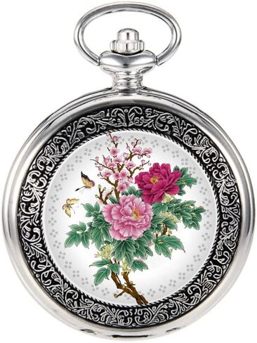 VIGOROSO Quartz Beautiful Peony Bird Enamel Painting Steampunk Silver Pocket Watches in Box in Saudi Arabia