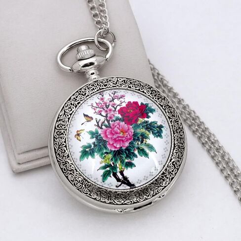 VIGOROSO Quartz Beautiful Peony Bird Enamel Painting Steampunk Silver Pocket Watches in Box in Saudi Arabia