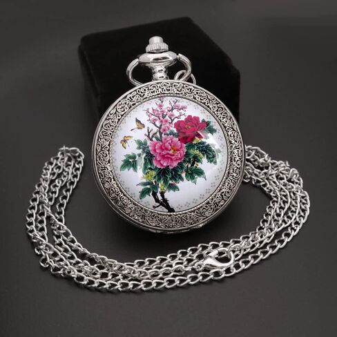 VIGOROSO Quartz Beautiful Peony Bird Enamel Painting Steampunk Silver Pocket Watches in Box in Saudi Arabia