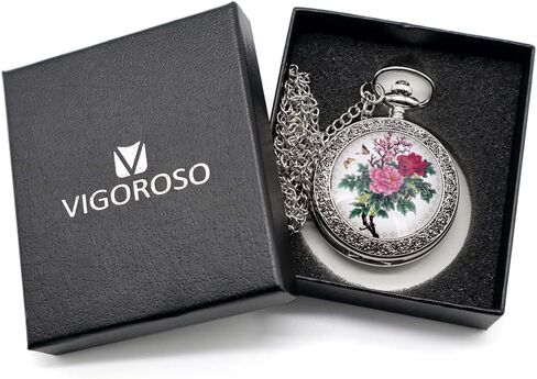VIGOROSO Quartz Beautiful Peony Bird Enamel Painting Steampunk Silver Pocket Watches in Box in Saudi Arabia