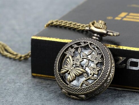Lancardo Antique Brass Tone Butterfly Hollow Skeleton Case Military Time Fob Pocket Watch with Chain for Women in Kuwait