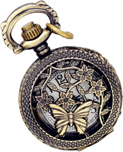 Lancardo Antique Brass Tone Butterfly Hollow Skeleton Case Military Time Fob Pocket Watch with Chain for Women in Kuwait