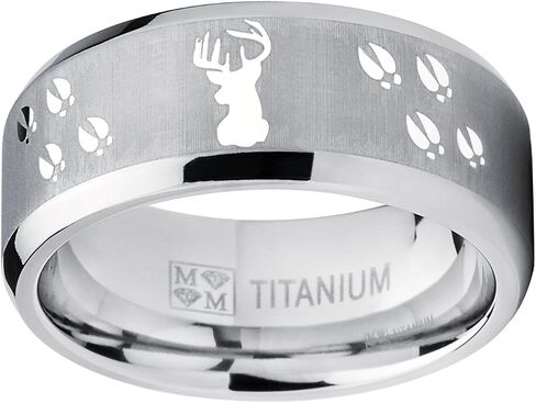 Metal Masters Co. 9MM Sating Finish/High Polish Deer Track Titanium Ring Wedding Band, Outdoor Jewelry, Men's Hunting Ring in Kuwait