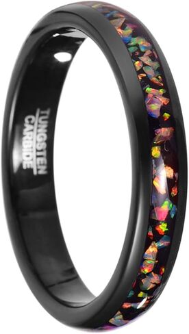VAKKI 4mm 8mm Black Tungsten Rings Inlaid with Crushed Created Opal Wedding Engagement Band for Men Women Comfort Fit Size 4-12 in Kuwait