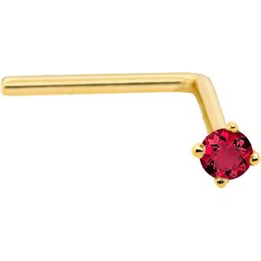 22G Solid 14Kt Gold L-Shape Nose Stud with real Ruby Gemstone, 14kt Yellow Gold or 14kt White Gold Prong Setting - July Birthstone Nose Ring